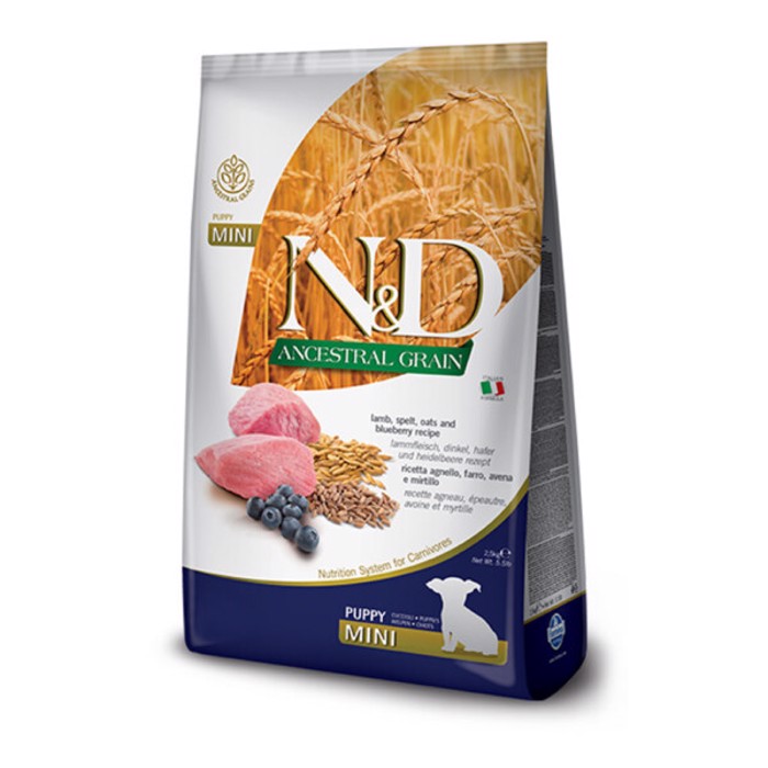 Farmina N&D Ancestral Grain Puppy Mini Xira Trofi me Lig Sitira ga Koutabia Mikrosomon Fulon me Arni 2.5kg 
